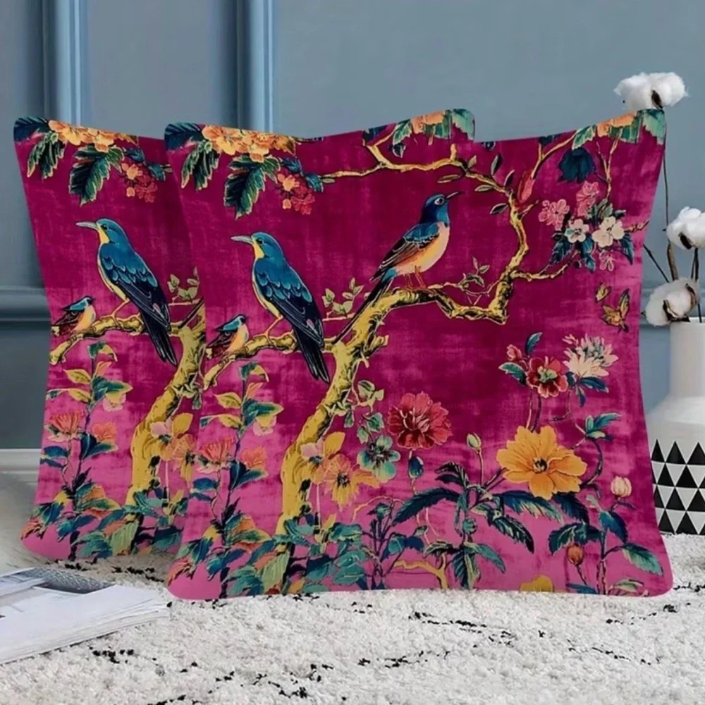 NWT Set of Two (2) Bird Floral Pillow Covers 18x18 Vintage Cottagecore Zipper